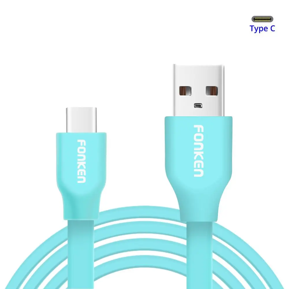 FONKEN type C USB кабель Плоский зарядный кабель type-c USB C Реверсивный Макс 2.4a Быстрая зарядка для мобильных телефонов Кабели - Цвет: type c blue