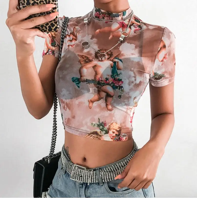 

Summer Transparent Crop Top Print Angel T Shirt Women Sexy Short Sleeve Tee Shirts Harajuku T-shirts Ladies Party