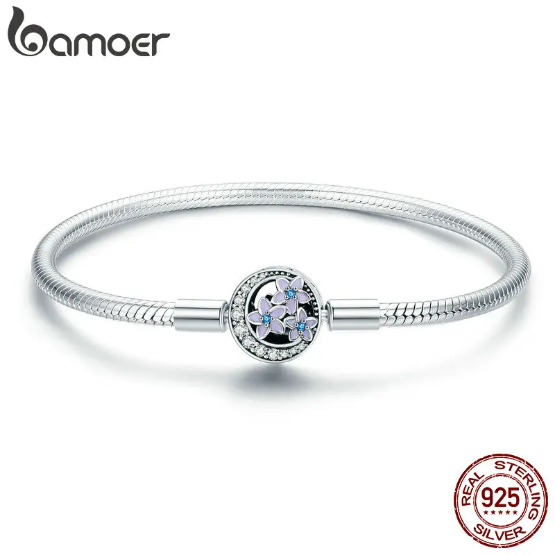 

BAMOER 100% 925 Sterling Silver Spring Flower and Luminous Moon Clasp Snake Chain Bracelet Sterling Silver Jewelry S925 SCB068