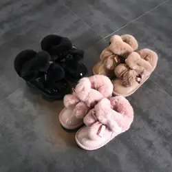 Детские зимние ботинки Симпатичные помпонами из кроличьего меха обувь для девочки из натуральной кожи детская модная обувь теплые