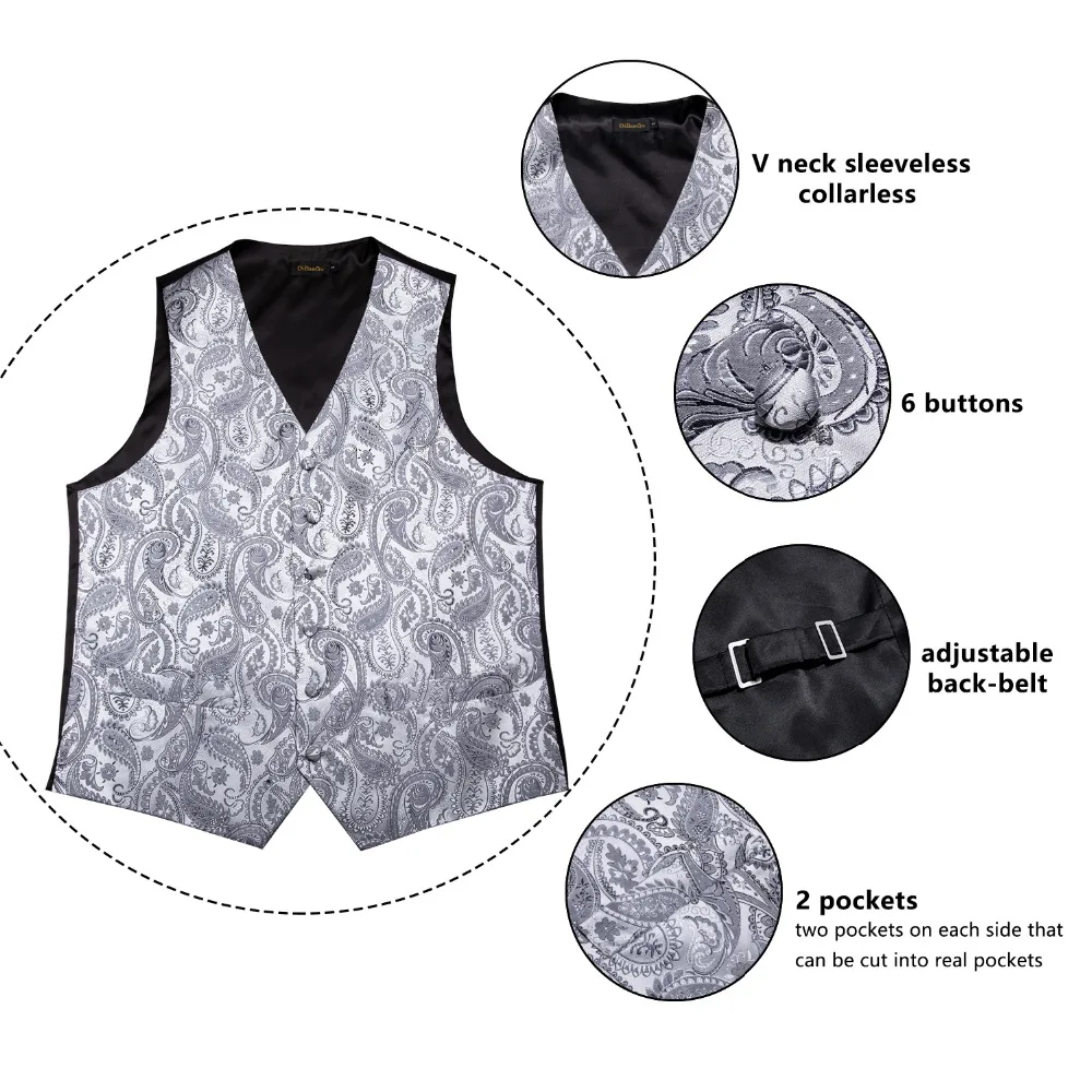 DiBanGu Silver Paisley Top Design Wedding Men 100%Silk Waistcoat Vest Ties Hanky Cufflinks Cravat Set for Suit Tuxedo MJTZ-103 DiBanGu Silver Paisley Top Design Wedding Men 100%Silk Waistcoat Vest Ties Hanky Cufflinks Cravat Set for Suit Tuxedo MJTZ-103