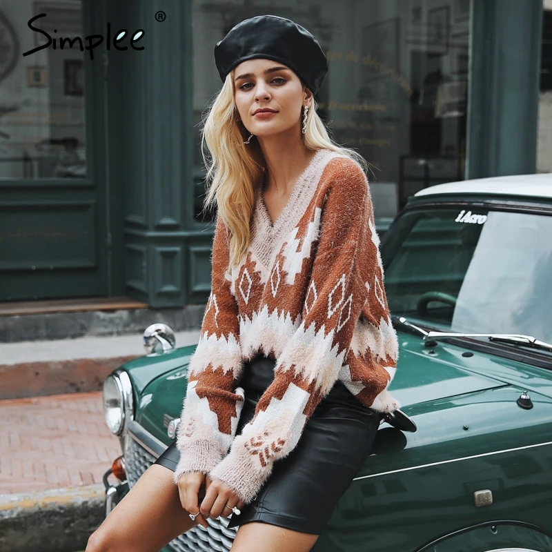 Simplee Christmas v neck geometric women sweater Casual long sleeve fashion pullover female 2018 Autumn winter jumpers