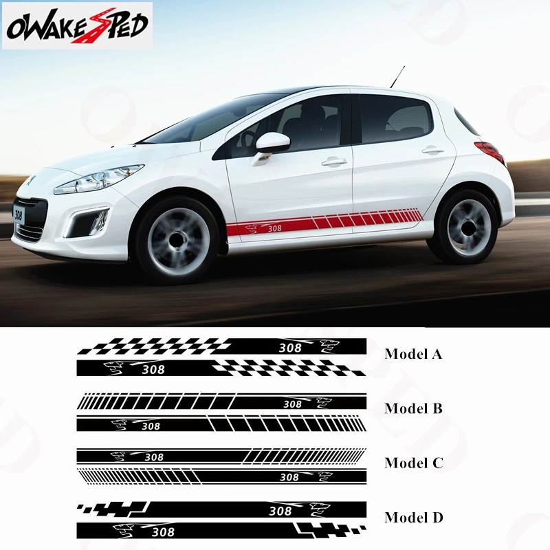 For Peugeot 308 Sport Stripes Car Door Side Skirt Stickers Auto Body Decor Decal Waterproof Racing Styling Vinyl Decals (2)