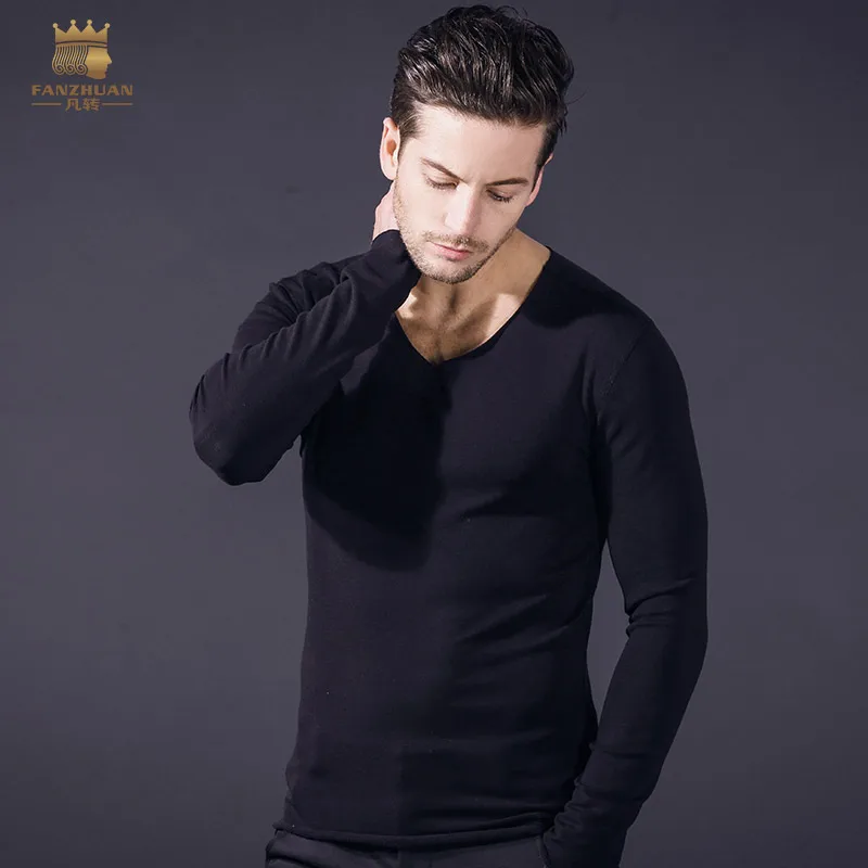 

Fanzhuan Free Shipping new men's male 2018 spring deep V-neck black simple long-sleeved bottoming T-shirt solid color 815037