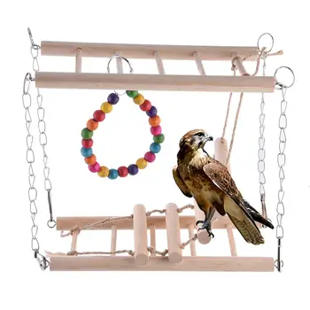 

Parrots Toys Bird Swing Exercise Climbing Hanging Ladder Bridge Wooden Rainbow Pet Parrot Macaw Bird Toy With Bells