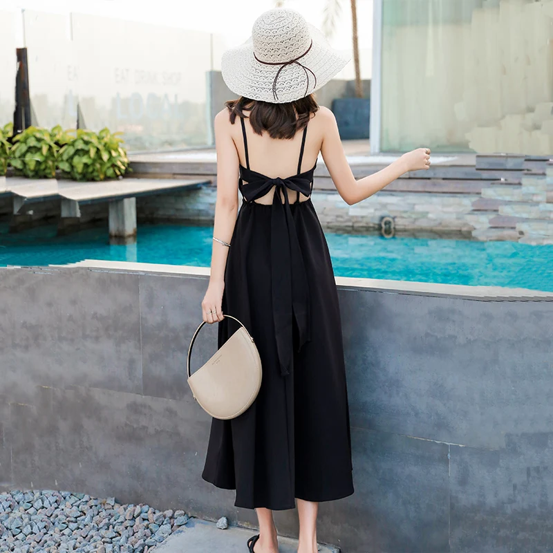 Женское пляжное платье с открытой спиной Boho черное миди сарафан лето 2019|Платья| |