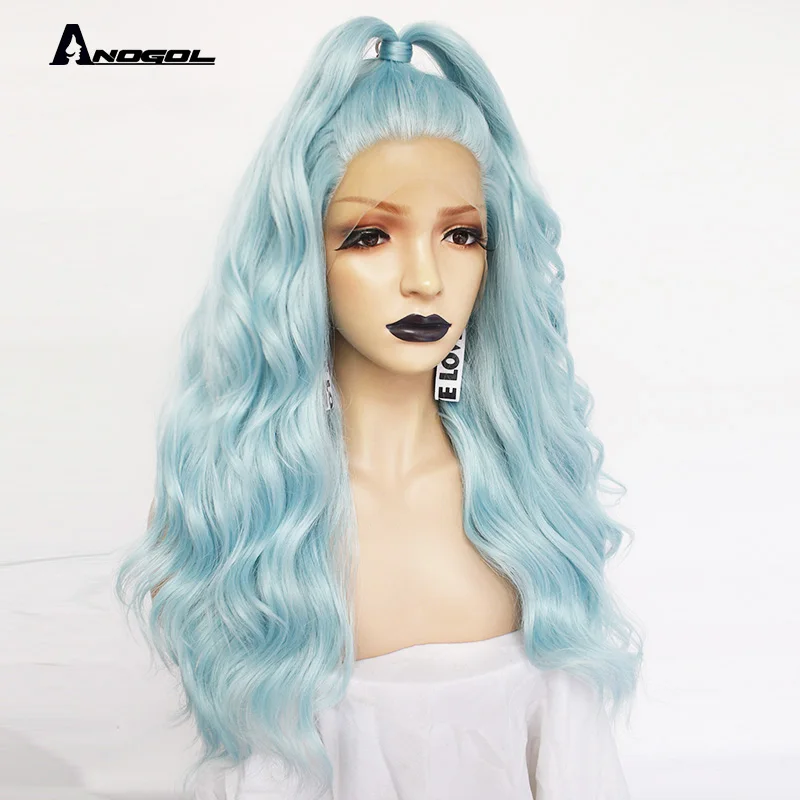 Anogol 24" Mint Green Long Body Wave Synthetic Lace Front Wig Free Part High Temperature Fiber For White Women Brand New Hair