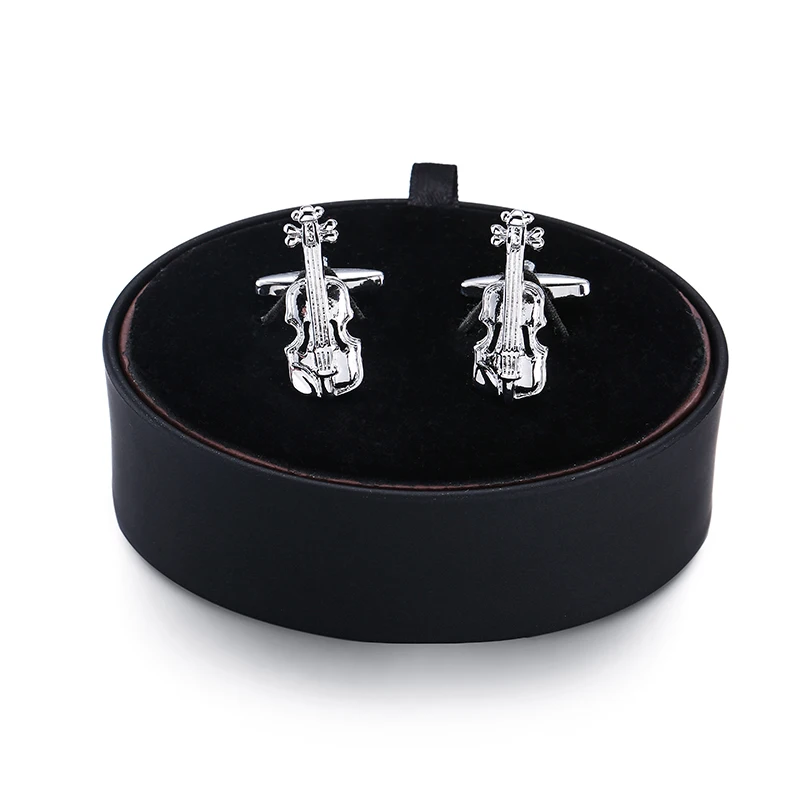 

DY is a set of musical instruments Silver Cufflinks violin black leather box men French Cufflinks Gift Set FREE SHIPPING