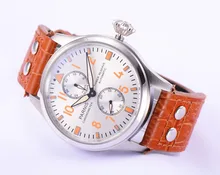 Горячие Продажи 47 мм Parnis Big Pilot Серебряным Циферблатом с Оранжевой Количество Запас хода Автоматическая мужские Часы