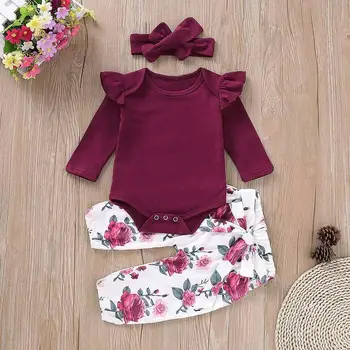 

Cute Fashion Clothes Set Toddler Baby Girls Long Sleeves Romper Tops+Floral Pants+Headbands 3PCS Outfits Set