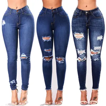 

New Stylish Womens High Waisted Skinny Ripped Denim Pants Slim Pencil Jeans Trousers Plus Size 3 Styles