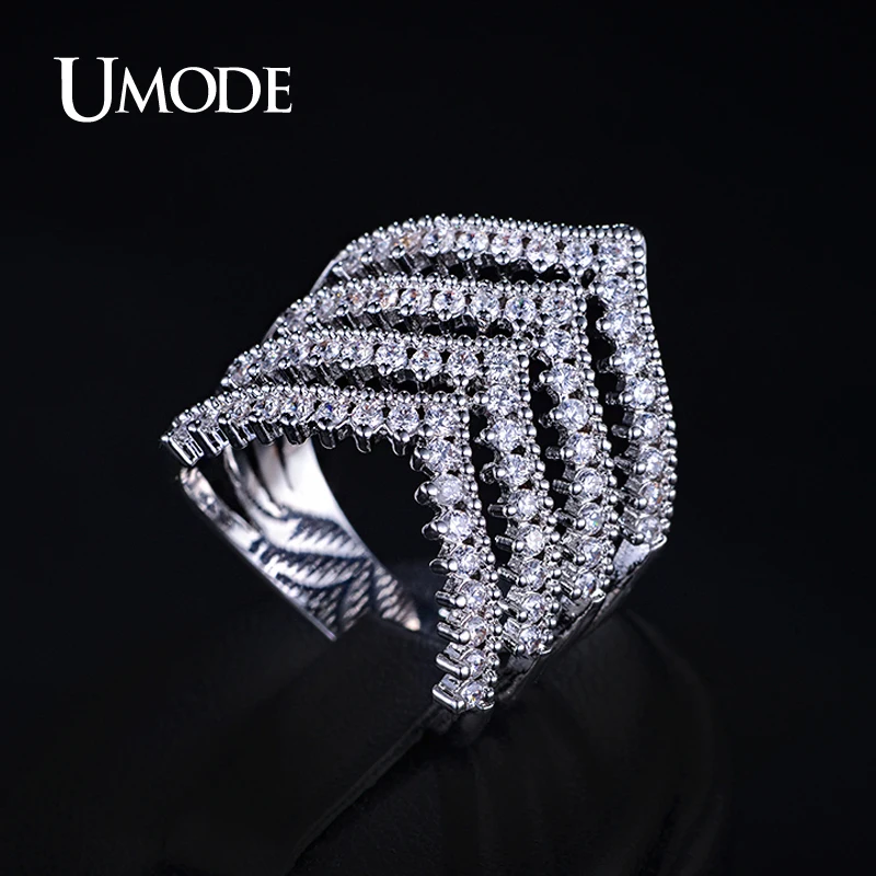 

UMODE Phoebe Series Artistic 4 Rows of Chevron Shape Micro Zircon Band Ring White Gold Color Jewelry For Women UR0177B