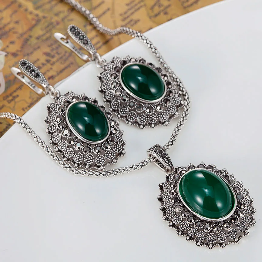 

fashion Women's Vintage Jewelry Sets of Wedding Accessories Turkish Pendant Earring Jewelry set Antique silver Necklace