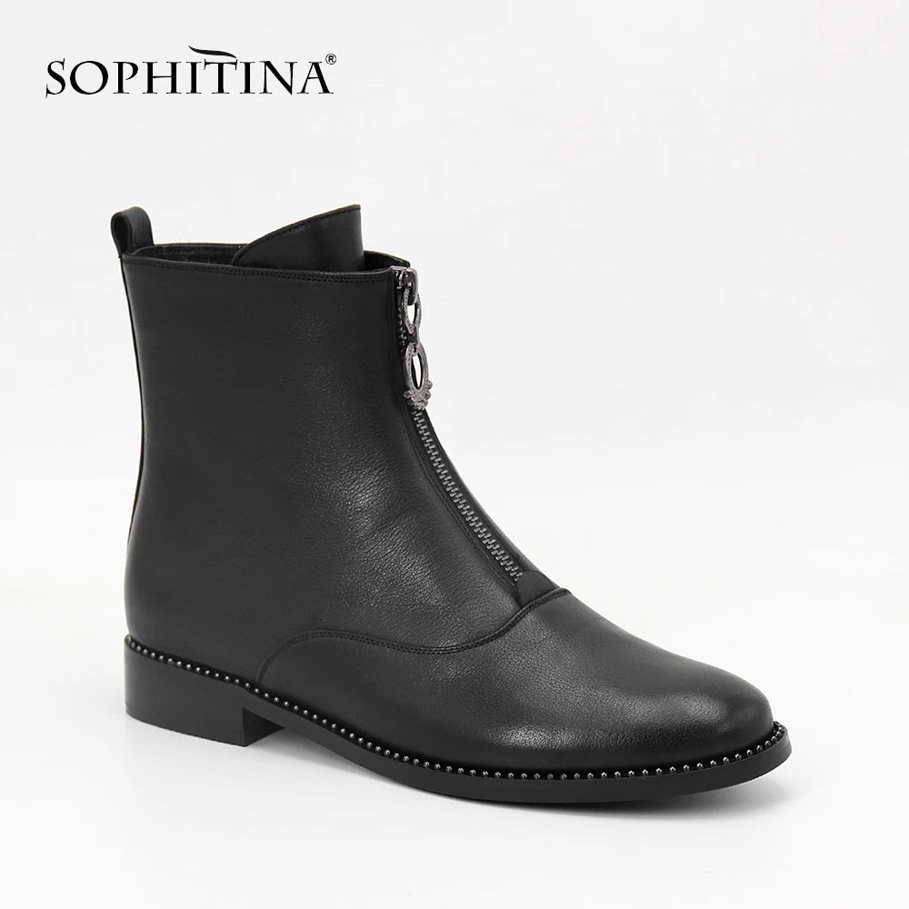 

SOPHITINA Brand Shoes Genuine Leather Round Toe Zipper Casual Woman Shoes Handmade Low Heels Keep Warm Short Plush Boots MC10