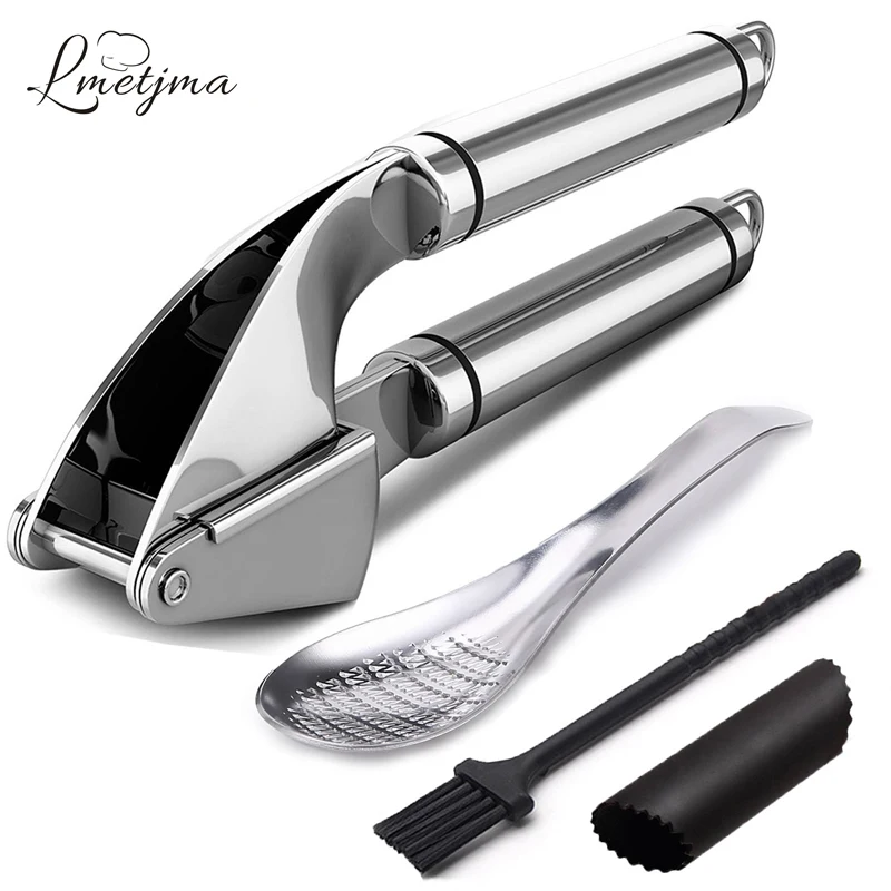 

LMETJMA Stainless Steel Garlic Presses and Peeler Set Garlic Crusher Included Silicone Garlic Peeler Cleaning Brush LK0823C