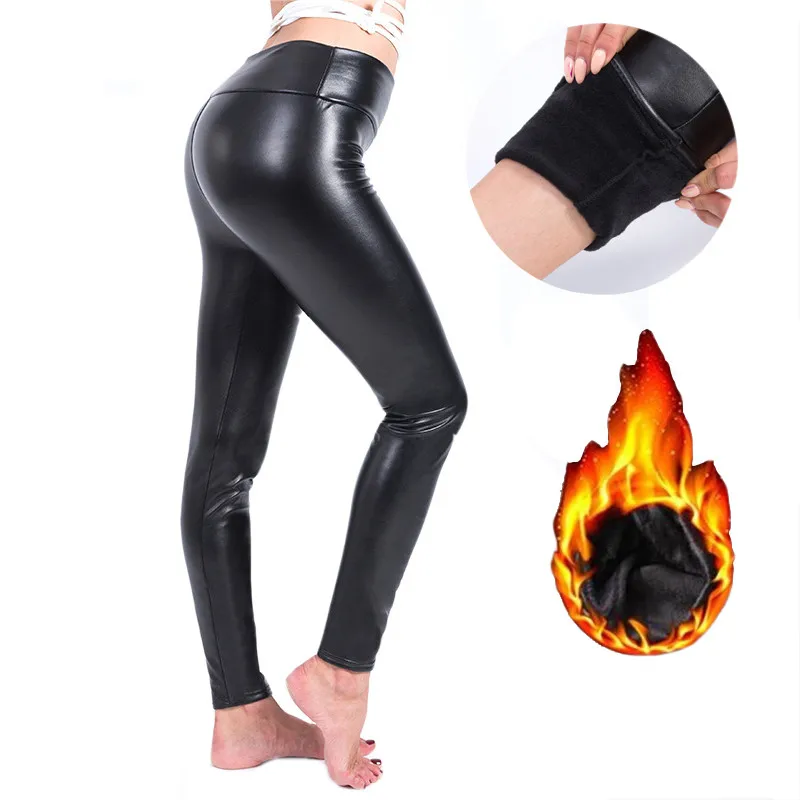 

High Elastic Waist Leggings Not Crack Slim Leather Thick Warm Leggings Fleece Trousers