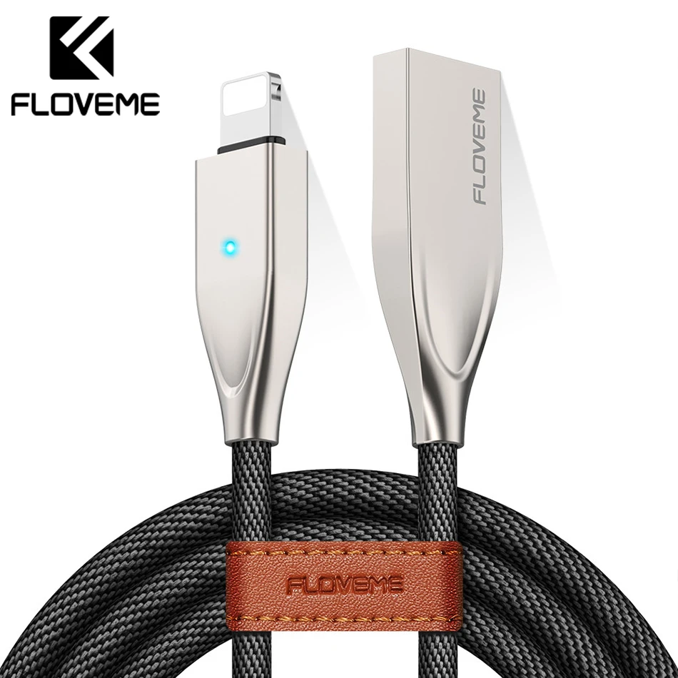 Floveme автоотключения Дыхание LED USB кабель для iPhone X 8 7 для iPad цинковый сплав плетеный нейлоновый Освещение к USB Зарядное устройство кабель