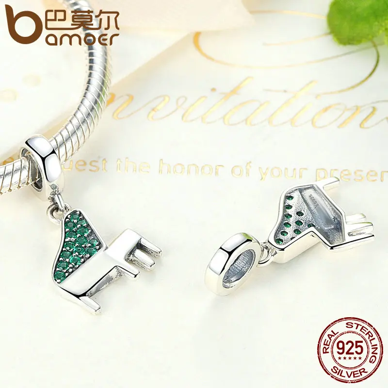 BAMOER Настоящее 925 пробы серебро зеленый четко CZ, музыка пианино кулон талисманы подходят браслеты для женщин модные ювелирные изделия SCC111