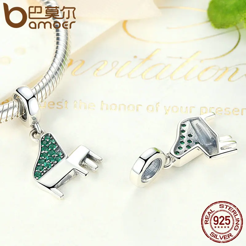 BAMOER Real 925 Sterling Silver Green Clearly CZ, Music Piano Pendant Charms fit Bracelets Women Fashion Jewelry SCC111