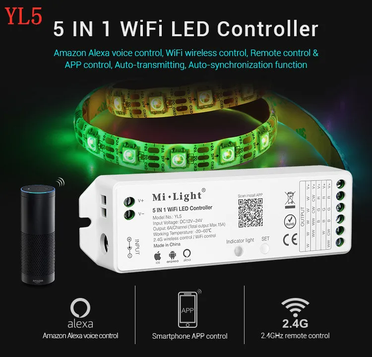 Milight YL5 2,4 г 15A 5 в 1 Wi-Fi светодиодный контроллер для одного цвета, CCT, RGB, RGBW, RGB + CCT светодиодные полосы, светодиодный Amazon Alexa Voice