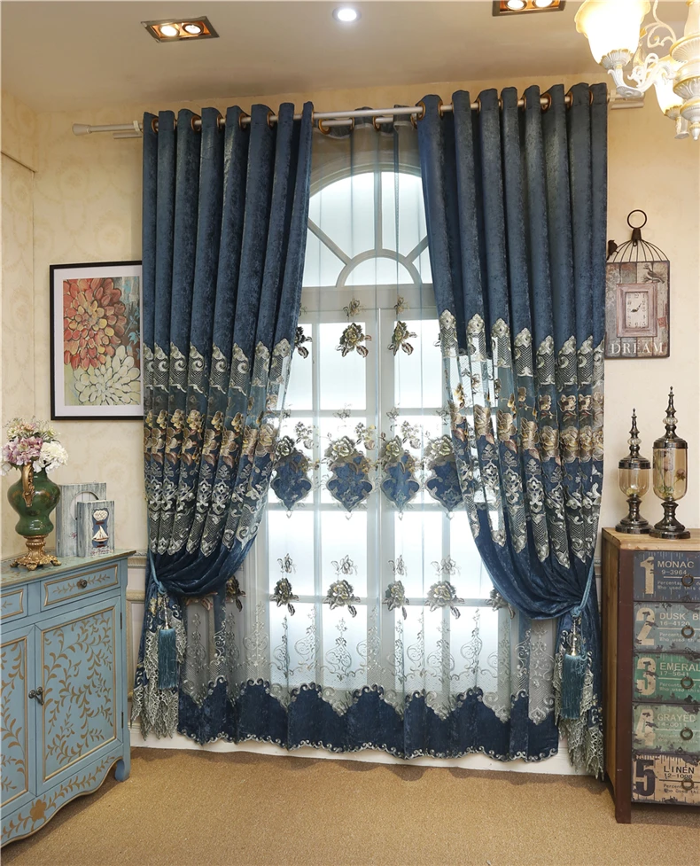 Хит, европейские королевские синие Роскошные занавески с большим цветком для гостиной, вышитые вуали, занавески, занавески для спальни