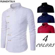 Pui men tiua размера плюс Мужская двубортная приталенная рубашка с длинным рукавом и отложным воротником, Мужская однотонная Повседневная винтажная рубашка