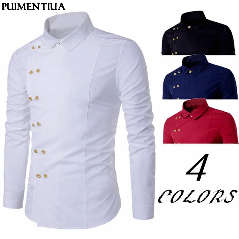 

Puimentiua Plus Size 2019 Men Double Breasted Slim Fit Long Sleeve Turn Down Collar Shirt Male Solid Casual Vintage Court Style