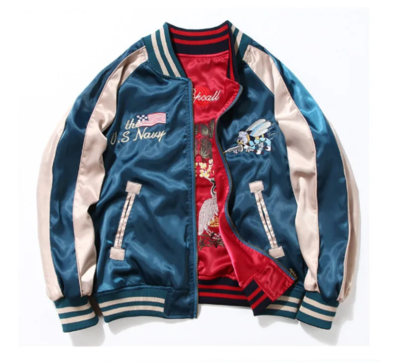 Две стороны Роскошные вышивки Курточка Бомбер, гладкой Для мужчин Sukajan Йокосука Souvenir, уличной хип-хоп Бейсбол куртка бренд