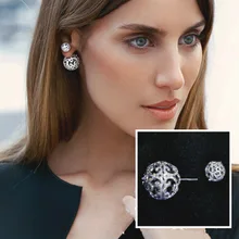 Circón micro-conjunto de 925 agujas de plata brillante hueco tallado grandes y pequeñas bolas pendientes
