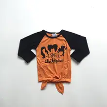 Осенне-зимние футболки с маркой бутика на Хэллоуин для маленьких девочек, одежда оранжевого цвета, хлопковый узел галстука, топ с длинными рукавами