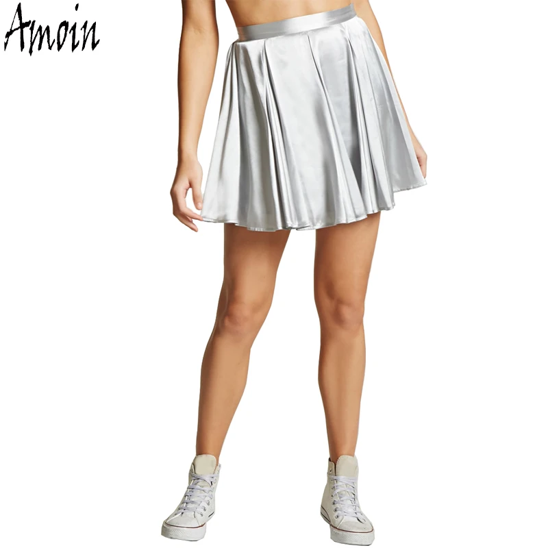 Amoin Satin Short Skater Skirts Women Harajuku Style Shiny Metallic