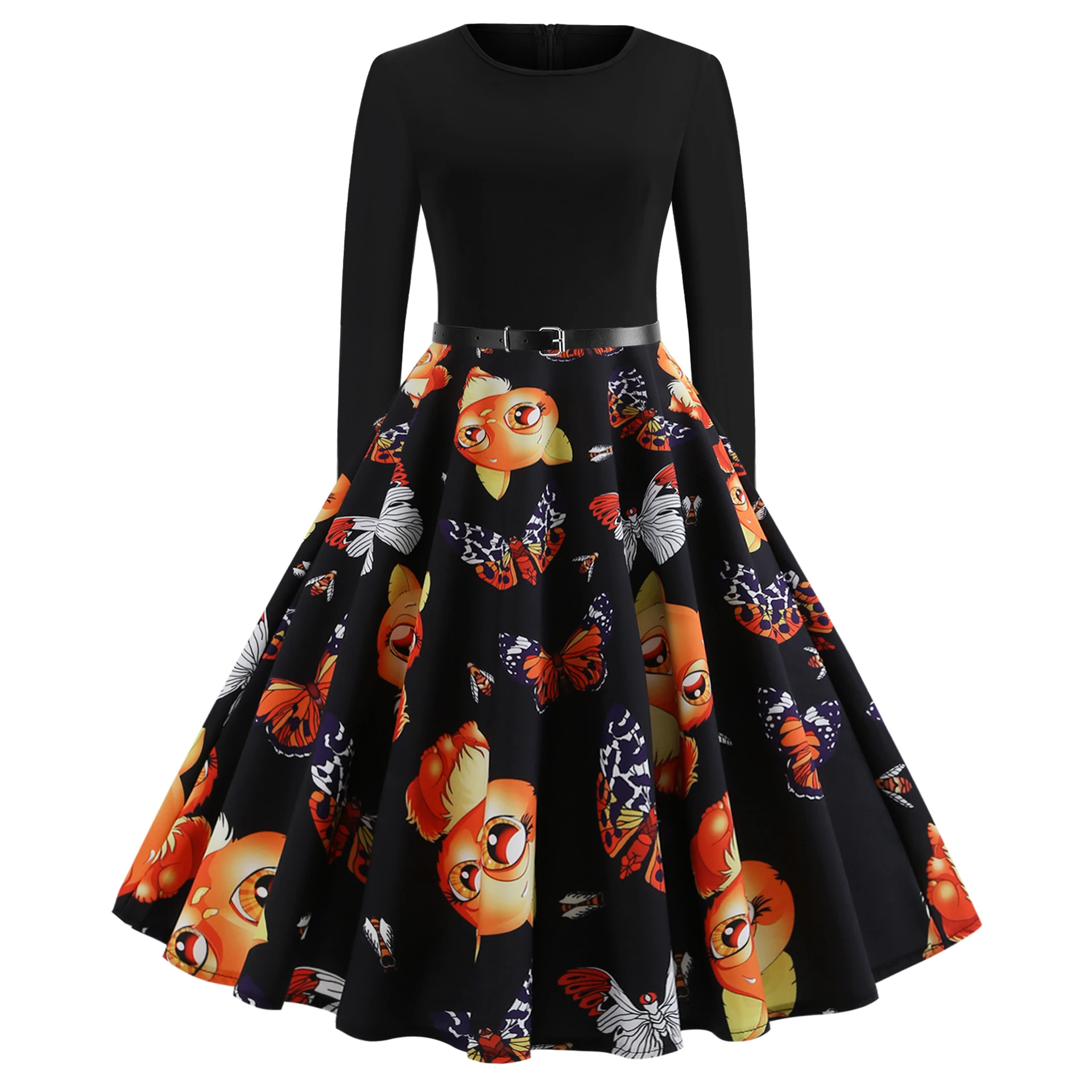 Vestido de manga larga con estampado zorro bonito Estilo Vintage Hepburn para mujer|Vestidos| - AliExpress