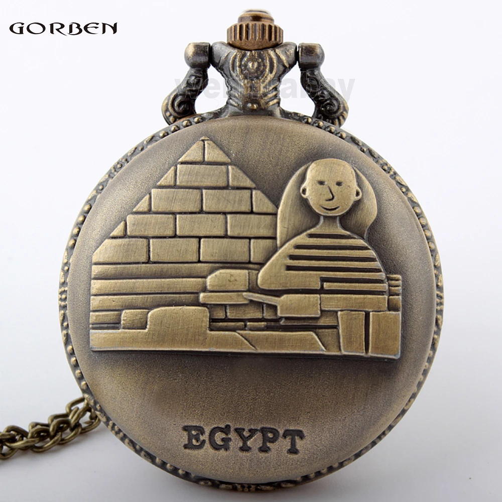 

Vintage Bronze Egypt Pyramids Quartz Pocket Watch Necklace Pendant Chain Dress Women Men Watches Gifts Relogio de bolso