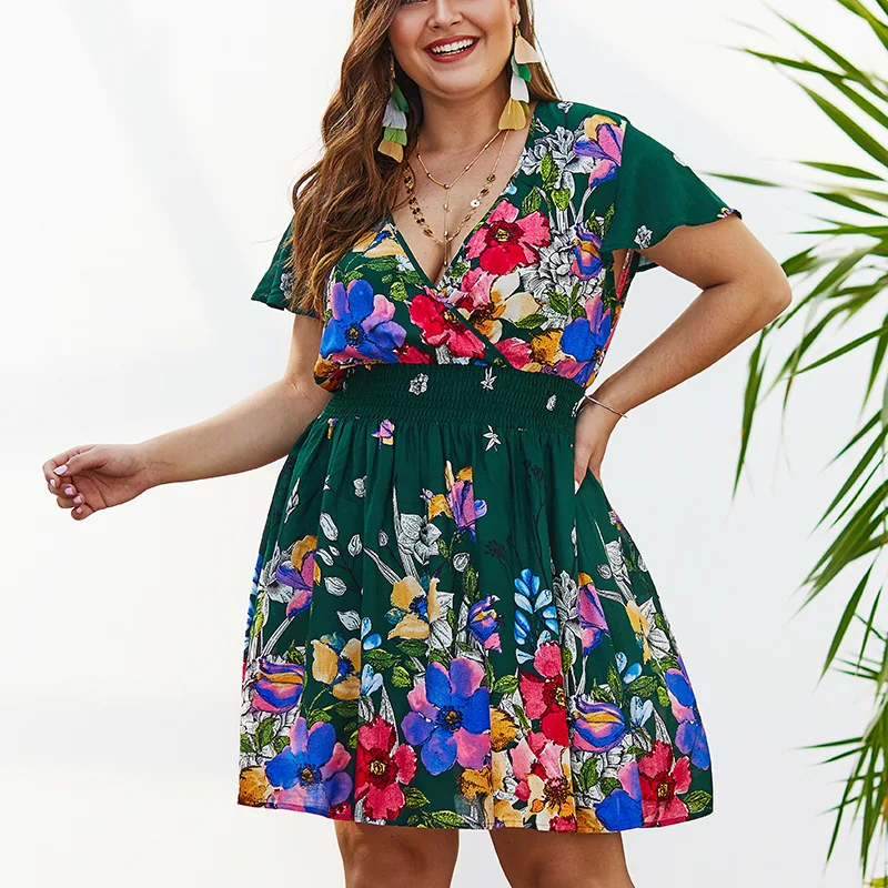 

Short Sleeve V Neck Floral Printed Tunic Women Dress Mini Beach Bohemian Vestidos Dress Female Summer Plus Size Robe Dresses