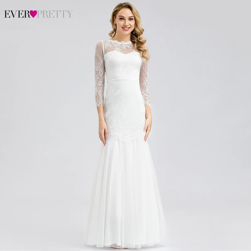 Ever Pretty/белое кружевное свадебное платье с круглым вырезом, с рукавом русалки 3/4, элегантное платье для невесты Boho EP00822CR Robe De Mariage Sirene - Цвет: White