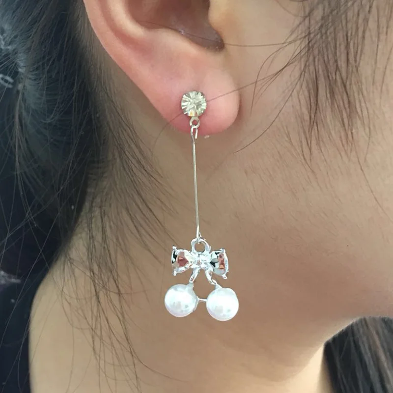 TDQUEEN Fashion Bowknot long Crystal Drop Earrings Simple Bow shape Pearl Rhinestone Long and Short Earrings For Women Jewelry  (5)