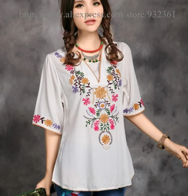 Vintage 70s Mexican Ethnic Flower Embroidery T Shirt Women Tops BOHO Loose Vintage 70s Mexican Ethnic Flower Embroidery T Shirt Women Tops BOHO Loose