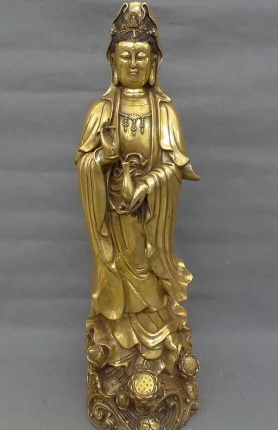 

S3368 26" China Bronze Gilt Pray Bless Lotus Kwan-Yin GuanYin Hold Pot Goddess Statue D0318