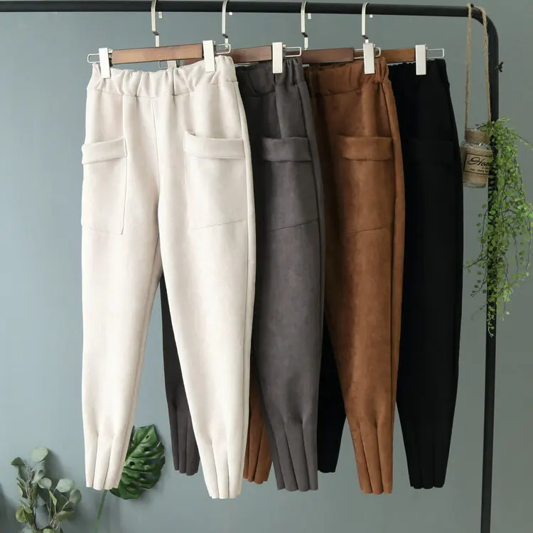 Женские Кожаные Замшевые штаны-шаровары с высокой талией, женские спортивные штаны, уличные повседневные штаны, Осенние шикарные черные зимние брюки