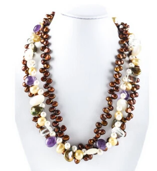 

Jewelr 004806 Brown White Pearl Crystal Amethyst Bead Multiple Strand Necklace