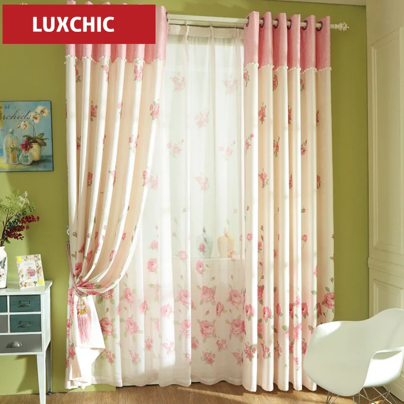 Curtain tulle high Quality Floral Pink Rustic Curtains for Living Room
