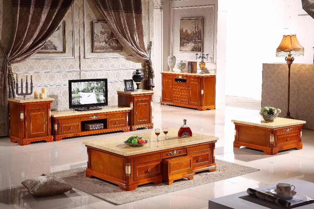 العتيقة خشبية غرفة المعيشة مجموعة طاولة القهوة + نهاية الجدول + حامل تلفاز + طاولة وحدة التحكم صنع في الصين الأثاث