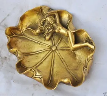 

Exquisite China Brass Lotus leaf Belle Statue On Leaf Ashtray