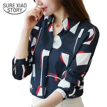 

2017 new fashion long sleeves V-neck women blouses shirt casual printed chiffon OL blouse women clothing women tops blusas C954