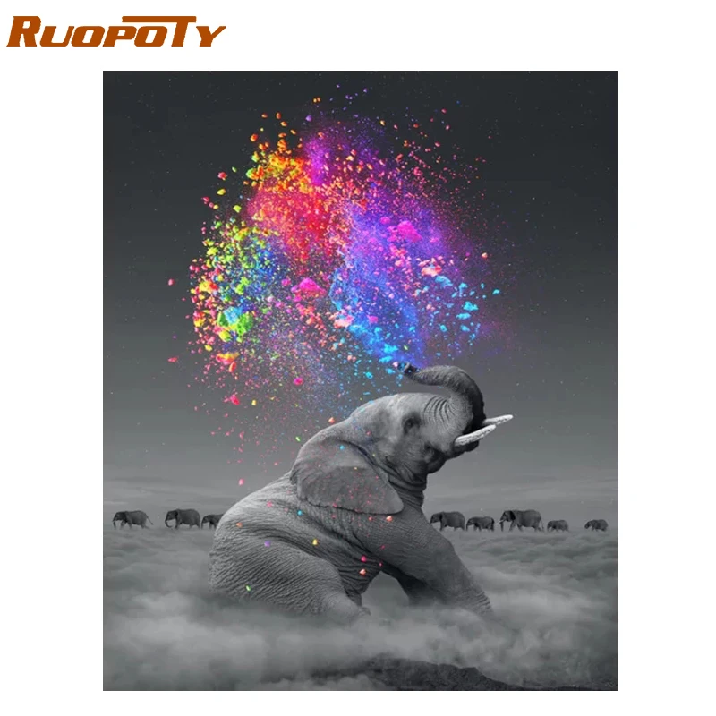 

RUOPOTY Frame DIY Painting By Numbers Elephant Animals Acrylic Coloring By Numbers Paint On Canvas Hand Painted Oil Painting