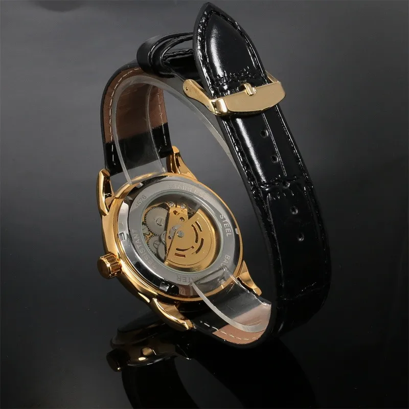 Топ-бренд WINNER роскошные мужские черные Золотые механические часы мужские s с самообмоткой часы мужские наручные часы со скелетом Relogio Masculino