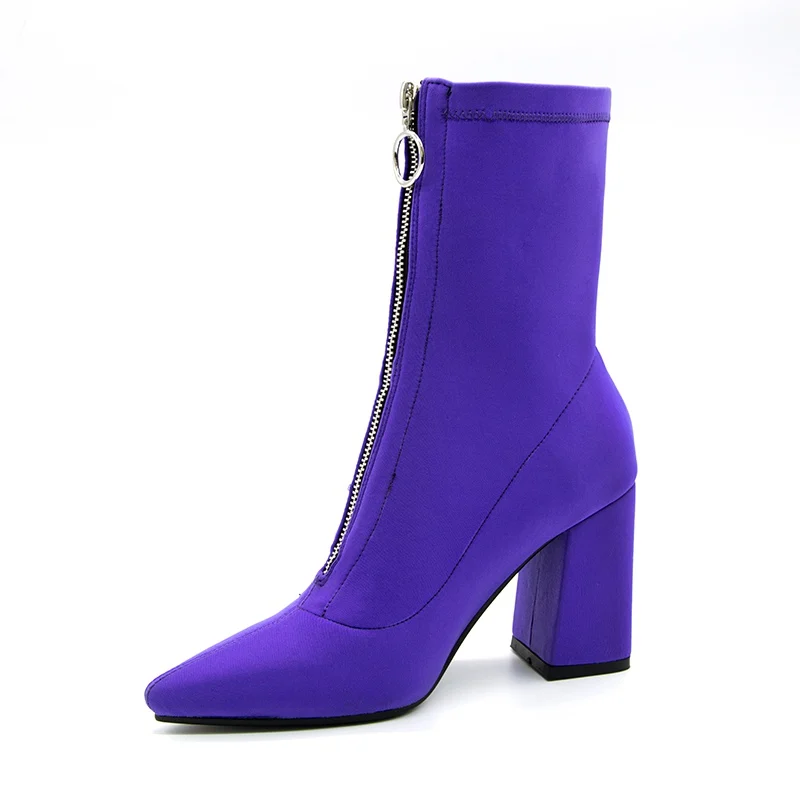 Новинка года; сезон осень; Цвет фиолетовый; эластичные модные Ботильоны на каблуке; женские короткие ботиночки на квадратном каблуке с острым носком; обувь на высоком каблуке 9 см - Цвет: Фиолетовый