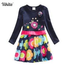 VIKITA платья для девочек Детские Платья с цветочным рисунком осенне-зимнее Повседневное платье с длинными рукавами для девочек платье с круглым вырезом и бантом для девочек