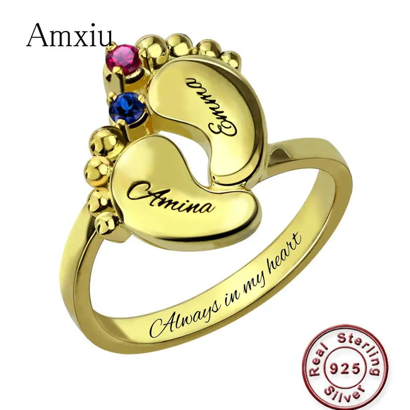 Amxiu 100% 925 Sterling Silver Baby Feet Rings For Women Mother Special Gifts Custom Two Names with Birthstones Ring Accessories amxiu personalized name ring 100% 925 sterling silver ring with birthstones custom four names rings for women mom accessories