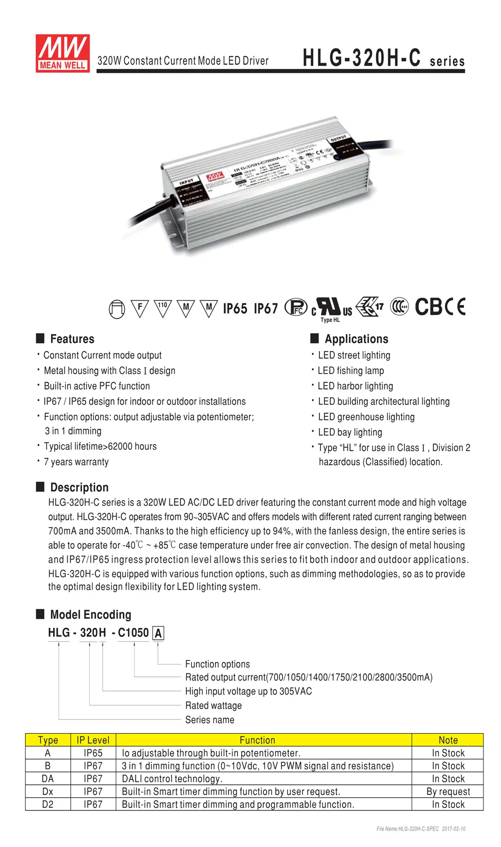 Светодиодный HLG-320H-C2100A Meanwell 320 Вт 1400ма 114~ 229 в водонепроницаемый Светодиодный источник питания